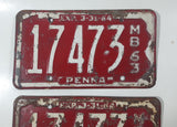 Set of 1963 Pennsylvania MB White Letters On Red Metal Motor Boat License Plate Tag 17473