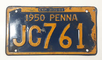 Vintage 1950 Pennsylvania Yellow Lettering Dark Blue Vehicle License Plate Metal Tag JC 761