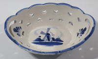 Beautiful Vintage Delft Blue Hand Painted Holland Windmill Scene With Heart Holes Double Handled Porcelain Basket