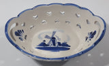 Beautiful Vintage Delft Blue Hand Painted Holland Windmill Scene With Heart Holes Double Handled Porcelain Basket