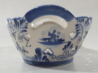 Beautiful Vintage Delft Blue Hand Painted Holland Windmill Scene With Heart Holes Double Handled Porcelain Basket