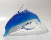 Murano Style Art Glass Clear and Fading Blue and White 6 1/2" Long Dolphin Sculpture Ornament