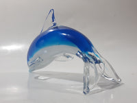 Murano Style Art Glass Clear and Fading Blue and White 6 1/2" Long Dolphin Sculpture Ornament