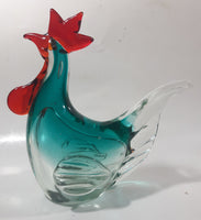 Vintage Murano Style Chicken Rooster Clear Blue Red 7 1/2" Tall Art Glass Ornament