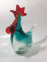 Vintage Murano Style Chicken Rooster Clear Blue Red 7 1/2" Tall Art Glass Ornament