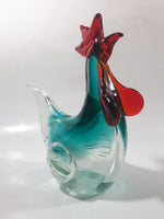 Vintage Murano Style Chicken Rooster Clear Blue Red 7 1/2" Tall Art Glass Ornament