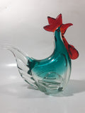 Vintage Murano Style Chicken Rooster Clear Blue Red 7 1/2" Tall Art Glass Ornament