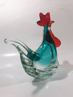 Vintage Murano Style Chicken Rooster Clear Blue Red 7 1/2" Tall Art Glass Ornament