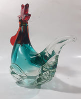 Vintage Murano Style Chicken Rooster Clear Blue Red 7 1/2" Tall Art Glass Ornament