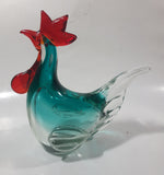 Vintage Murano Style Chicken Rooster Clear Blue Red 7 1/2" Tall Art Glass Ornament