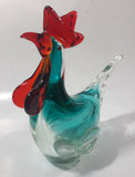 Vintage Murano Style Chicken Rooster Clear Blue Red 7 1/2" Tall Art Glass Ornament