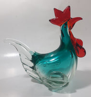 Vintage Murano Style Chicken Rooster Clear Blue Red 7 1/2" Tall Art Glass Ornament