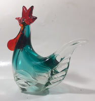 Vintage Murano Style Chicken Rooster Clear Blue Red 7 1/2" Tall Art Glass Ornament