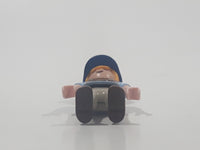 1995 Geobra Playmobil Small Blonde Boy Child Brown and Grey Overalls Light Blue Shirt Blue Hat 2 1/8" Tall Toy Figure