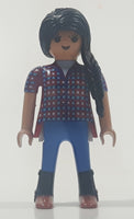 2011 Geobra Playmobil Black Braided Hair Woman with Blue Pants Dark Red Plaid Shirt 2 3/4" Tall Toy Figure