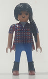 2011 Geobra Playmobil Black Braided Hair Woman with Blue Pants Dark Red Plaid Shirt 2 3/4" Tall Toy Figure