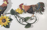 Colorful Rooster Chickens on Yellow Sunflower Vines 9 3/4" x 20" Metal Wall Art