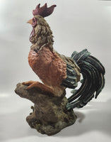 Rooster Chicken on Log 14" Tall Resin Sculpture