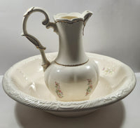 Vintage Blue and Pink Flower Gold Trimmed Embossed White Ceramic Jug Pitcher and Bowl