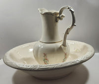 Vintage Blue and Pink Flower Gold Trimmed Embossed White Ceramic Jug Pitcher and Bowl