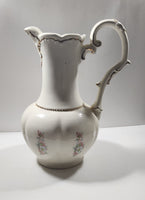 Vintage Blue and Pink Flower Gold Trimmed Embossed White Ceramic Jug Pitcher and Bowl