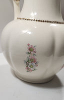 Vintage Blue and Pink Flower Gold Trimmed Embossed White Ceramic Jug Pitcher and Bowl