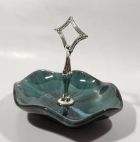 Vintage BMP Blue Mountain Pottery Blue Green Drip Glaze Candy Dish with Metal Handle