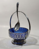 Vintage Sheffield England Cobalt Blue Glass Condiment Serving Dish in Chromium Plated Basket Holder with Spoon