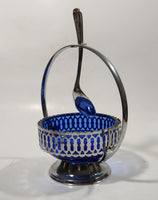 Vintage Sheffield England Cobalt Blue Glass Condiment Serving Dish in Chromium Plated Basket Holder with Spoon