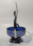 Vintage Sheffield England Cobalt Blue Glass Condiment Serving Dish in Chromium Plated Basket Holder with Spoon