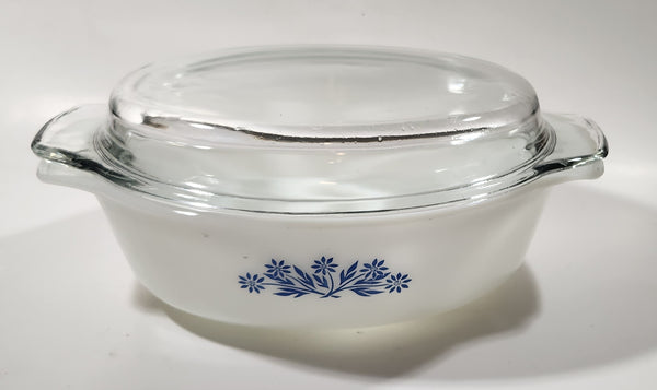 Vintage Anchor Hocking Pattern 433 Blue Cornflower White Milk Glass Dish with Lid 1-1/2 Qt