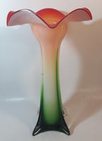 Murano Style Red White Green Jack In The Pulpit Lily Shaped 14 3/4" Tall Art Glass Flower Vase