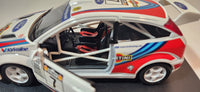 Burago 1999 Ford Focus Rally Martini White 1/24 Scale Die Cast Toy Car Vehicle on Stand