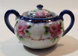 Antique c. 1891-1921 Nippon Pink Rose Flowers White and Blue Hand Painted Porcelain Sugar Bowl