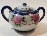 Antique c. 1891-1921 Nippon Pink Rose Flowers White and Blue Hand Painted Porcelain Sugar Bowl