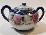 Antique c. 1891-1921 Nippon Pink Rose Flowers White and Blue Hand Painted Porcelain Sugar Bowl