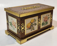 Vintage Harry Vincent Blue Bird Confectionary Pink and Yellow Flower Chest Shaped Tin Metal Coin Bank