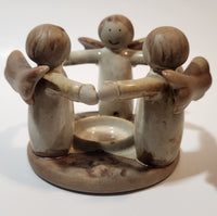 Three Angels Standing In A Circle Holding Arms 4" Tall Clay Pottery Candle Holder