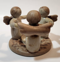 Three Angels Standing In A Circle Holding Arms 4" Tall Clay Pottery Candle Holder