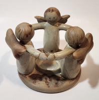 Three Angels Standing In A Circle Holding Arms 4" Tall Clay Pottery Candle Holder