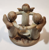 Three Angels Standing In A Circle Holding Arms 4" Tall Clay Pottery Candle Holder