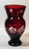 Vintage Bohemian Czech Ruby Red Flower and Leaves Raised Pattern 6 3/4" Tall Flower Vase