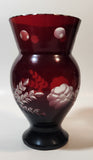 Vintage Bohemian Czech Ruby Red Flower and Leaves Raised Pattern 6 3/4" Tall Flower Vase