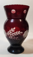 Vintage Bohemian Czech Ruby Red Flower and Leaves Raised Pattern 6 3/4" Tall Flower Vase