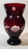 Vintage Bohemian Czech Ruby Red Flower and Leaves Raised Pattern 6 3/4" Tall Flower Vase