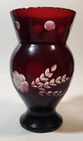 Vintage Bohemian Czech Ruby Red Flower and Leaves Raised Pattern 6 3/4" Tall Flower Vase