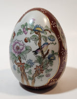 Hand Painted Flowers Birds Nature Scenery 4 1/4" Tall Porcelain Egg Ornament