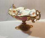 Vintage Flower Pattern 17 3/4" Center Bowl Dish with Brass Handles and Pedestal Base