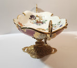 Vintage Flower Pattern 17 3/4" Center Bowl Dish with Brass Handles and Pedestal Base