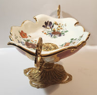 Vintage Flower Pattern 17 3/4" Center Bowl Dish with Brass Handles and Pedestal Base